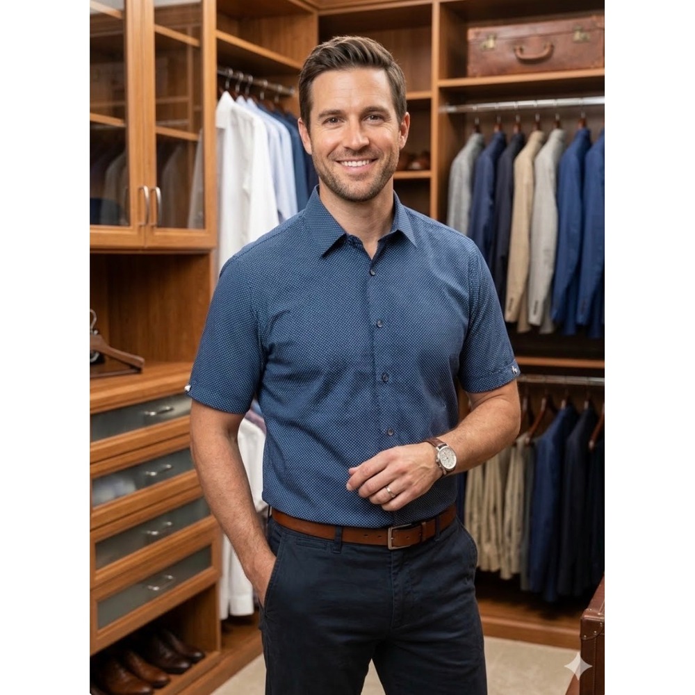 Beverly Hills Polo Club Shirt Mens 3XLB Navy Short Sleeve Dotted Office Nautical